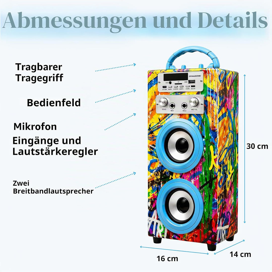 DYNASONIC Karaoke mit 2 Mikrofonen, tragbarer Karaoke-Maschine, Bluetooth-Lautsprecher, USB- und SD-