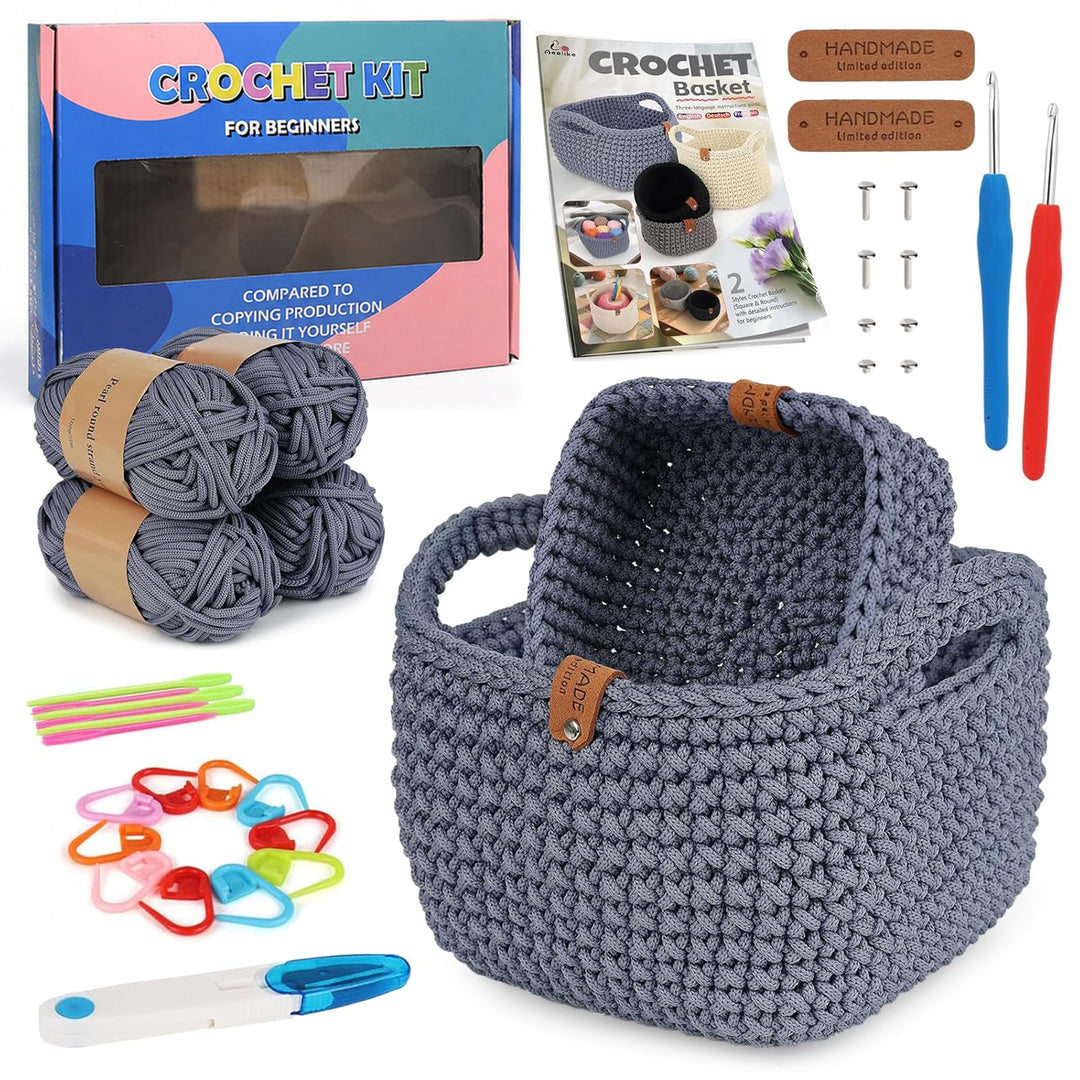 Chingcoo Häkelset für Anfänger 2er Set Häkelkorb - Crochet Kit mit 4 Häkelgarn Häkelnadeln 4,0 mm 4,