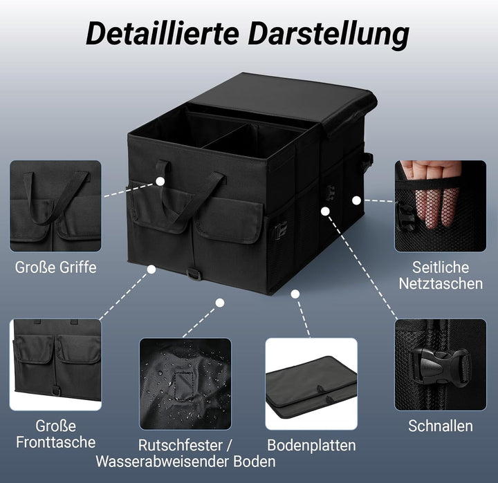 Kofferraum Organizer mit Deckel, Kofferraumtasche Faltbar &amp; Rutschfest, Auto Aufbewahrungsbox Stabil