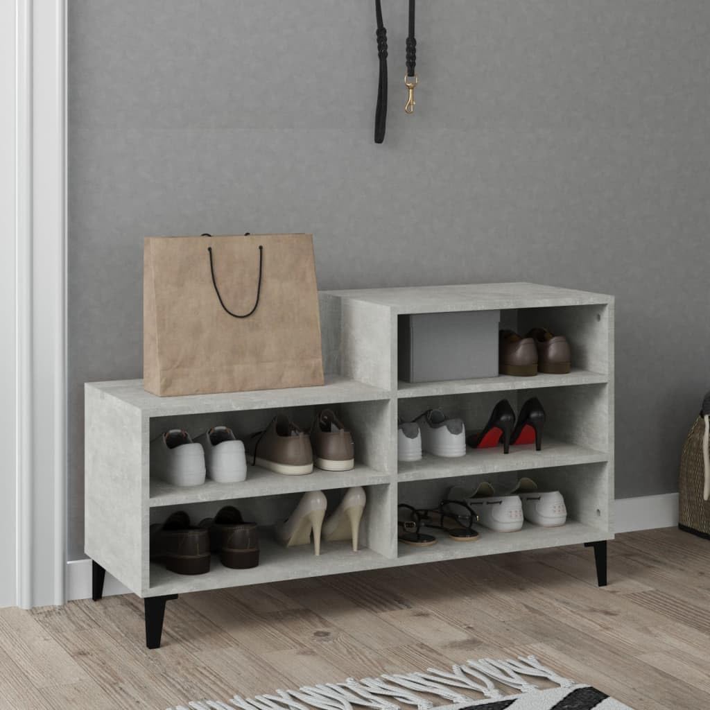 Schuhregal Betongrau 102x36x60 cm aus Holzwerkstoff mit 5 Fächern, platzsparender Ständer für Flur u