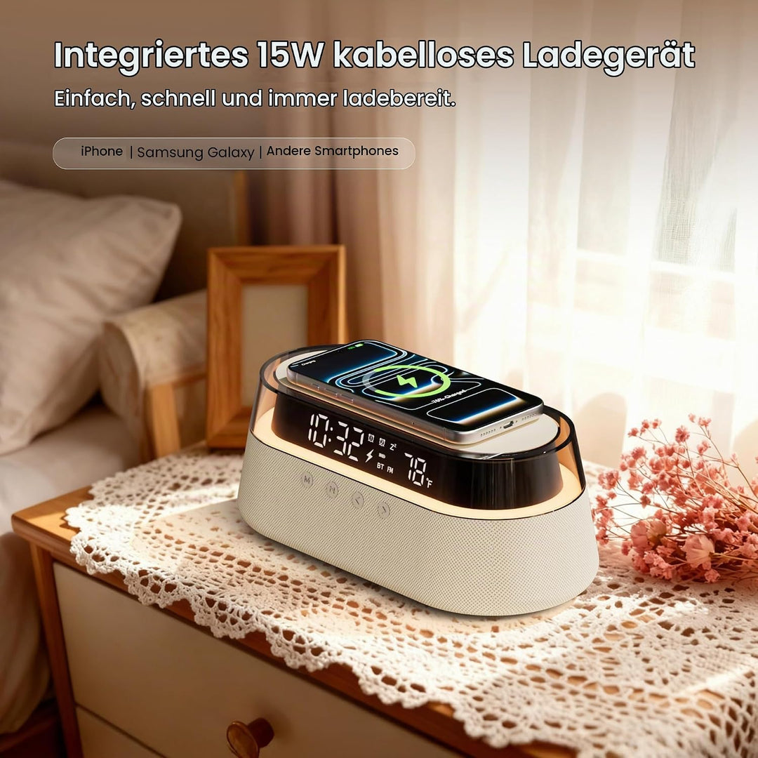 Bluetooth Lautsprecher FM Radio mit Zwei Smart Wecker mit Fernbedienung Beige, Beige