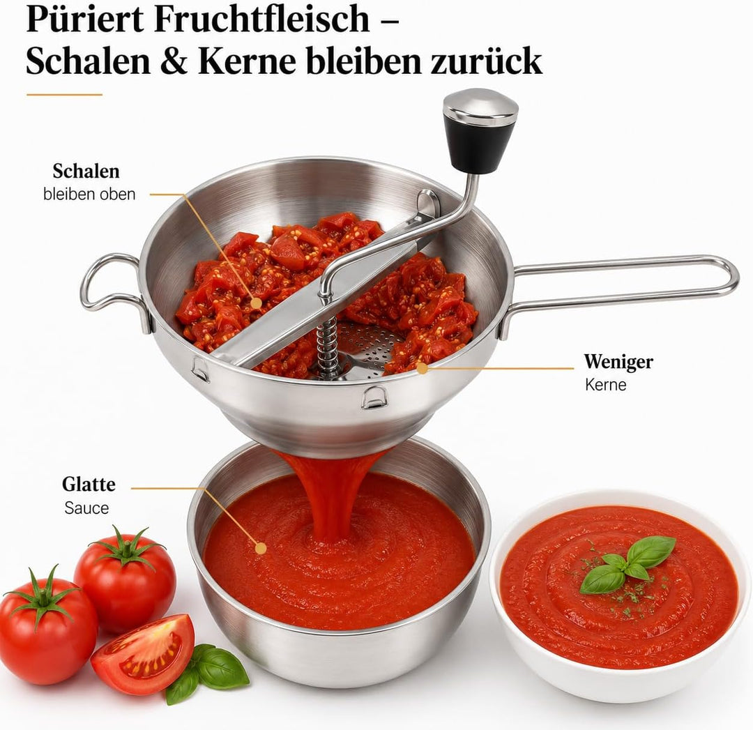 Passiergerät aus Edelstahl ergonomisch Anti-Rutsch Drehbar mit 3 Grinding Plates Passiermühle Edelst