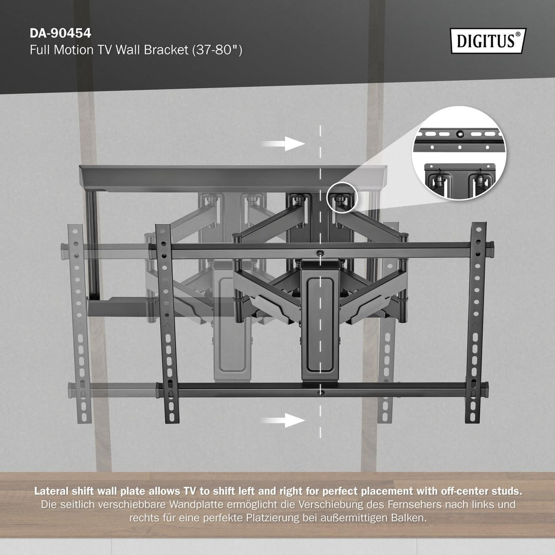 DIGITUS Full Motion TV-Wandhalterung 37-80" | 60 kg Belastung – Ausziehbar, schwenkbar, neigbar – In