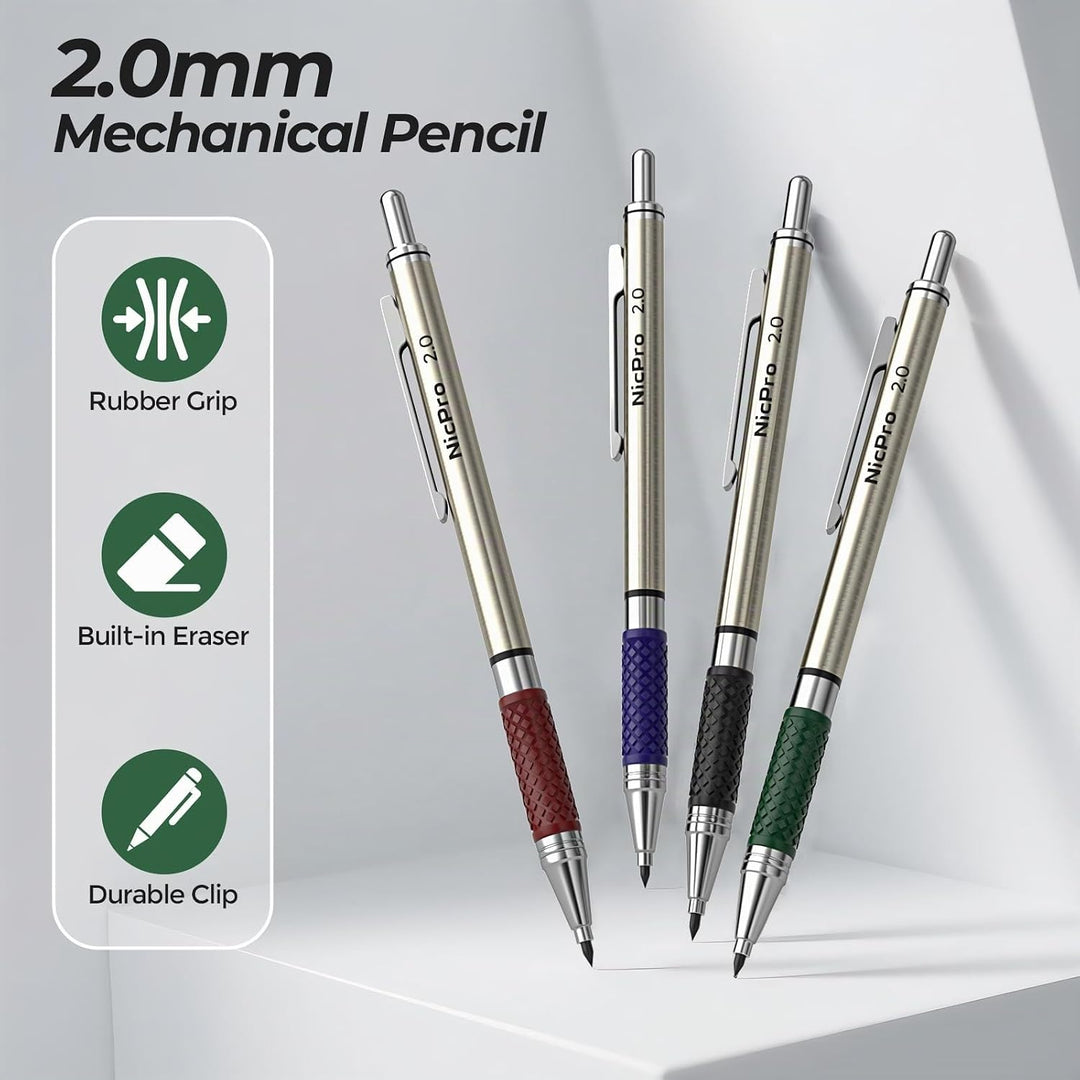 Nicpro 2mm Druckbleistifte Set, 4 Stücke Fallminenstift Metall Mechanische Bleistifte 2,0 mm,3 Dosen