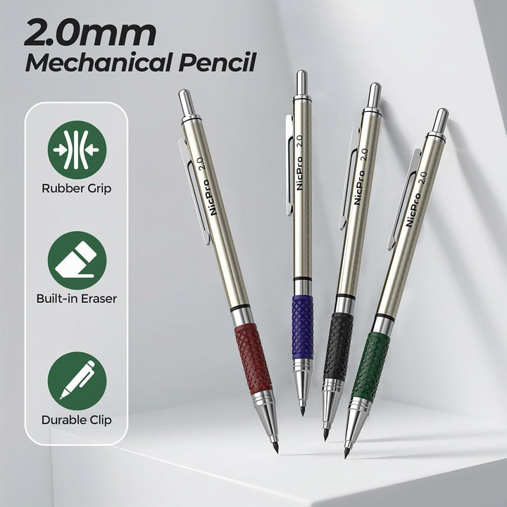 Nicpro 2mm Druckbleistifte Set, 4 Stücke Fallminenstift Metall Mechanische Bleistifte 2,0 mm,3 Dosen