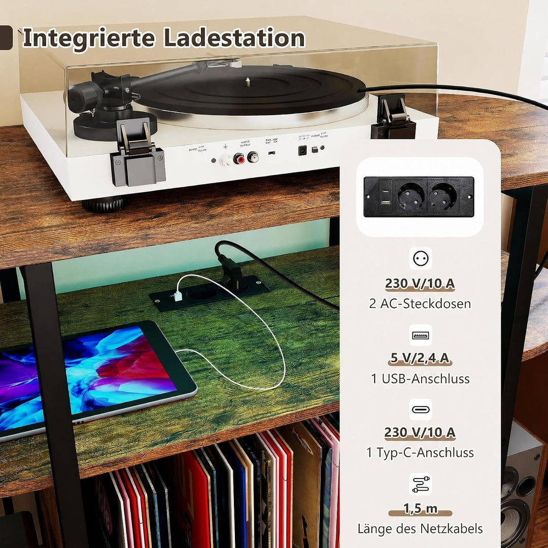 COSTWAY Plattenspieler-Ständer mit verstellbare LED Licht &amp; Ladestation Braun, Braun