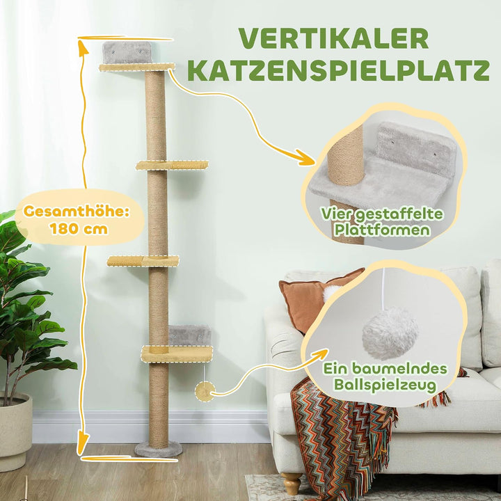 PawHut Kratzbaum Wandmontierter Katzenbaum Kratzsäulen 180 cm Hellgrau