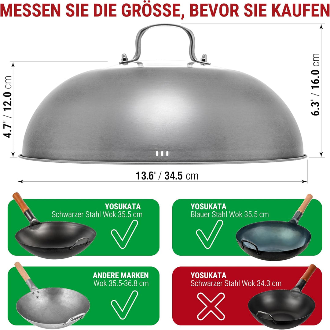 YOSUKATA Wokdeckel 13,6 Zoll Premium Edelstahl Wokabdeckung mit gehärtetem Glaseinsatz Dampflöcher u