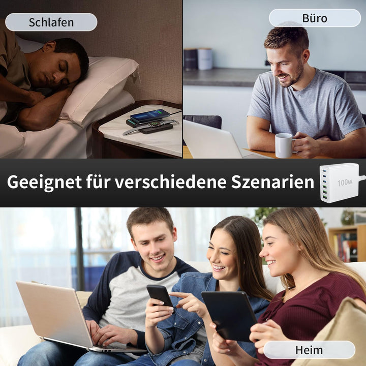 USB C Ladegerät Mehrfach: 100W 6-Port Schnellladegerät mit USB-C und USB-A, Tragbarer Charger für iP