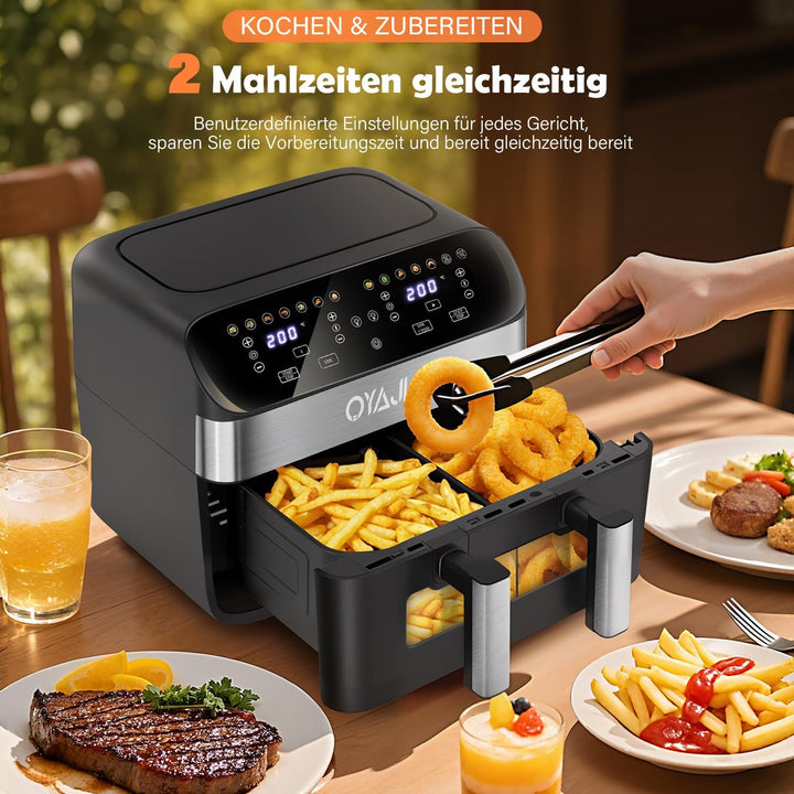 Heissluftfritteuse 2 Kammern Mit Sichtfenster 9L Airfryer 2 Fächer 9-In-1 Touchscreen Antihaftbeschi