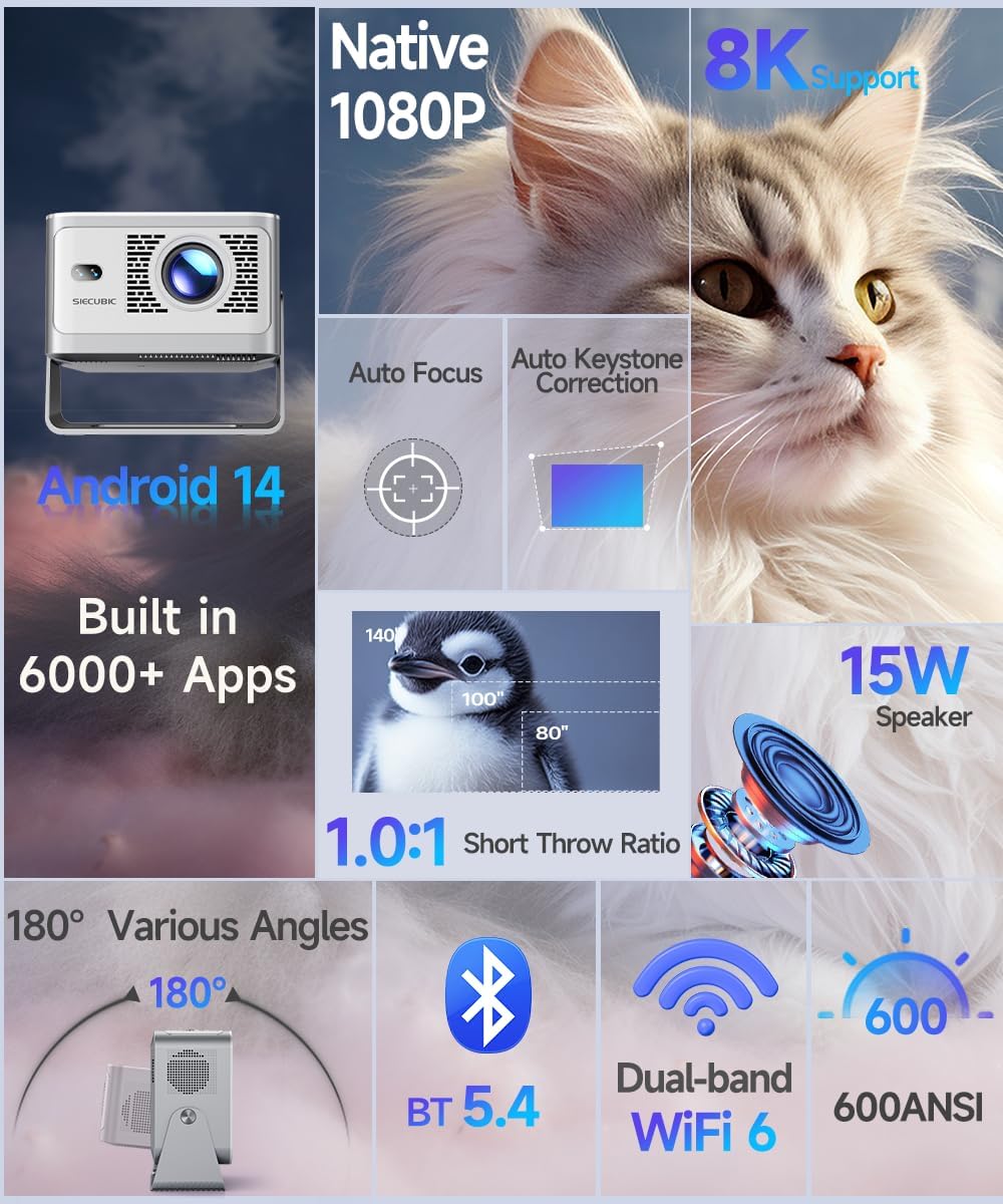 Mini Beamer 4K mit Android 14 &amp; Integrierte Apps, Native 1080P Projektor