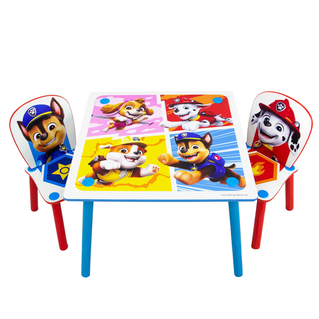 Offizielles Paw Patrol Kindertisch aus Holz und 2 Stühlen, Chase Rubble, Heimmöbel, Kindertisch für