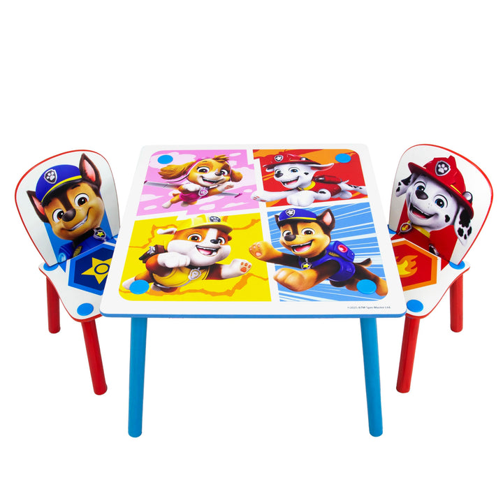 Offizielles Paw Patrol Kindertisch aus Holz und 2 Stühlen, Chase Rubble, Heimmöbel, Kindertisch für