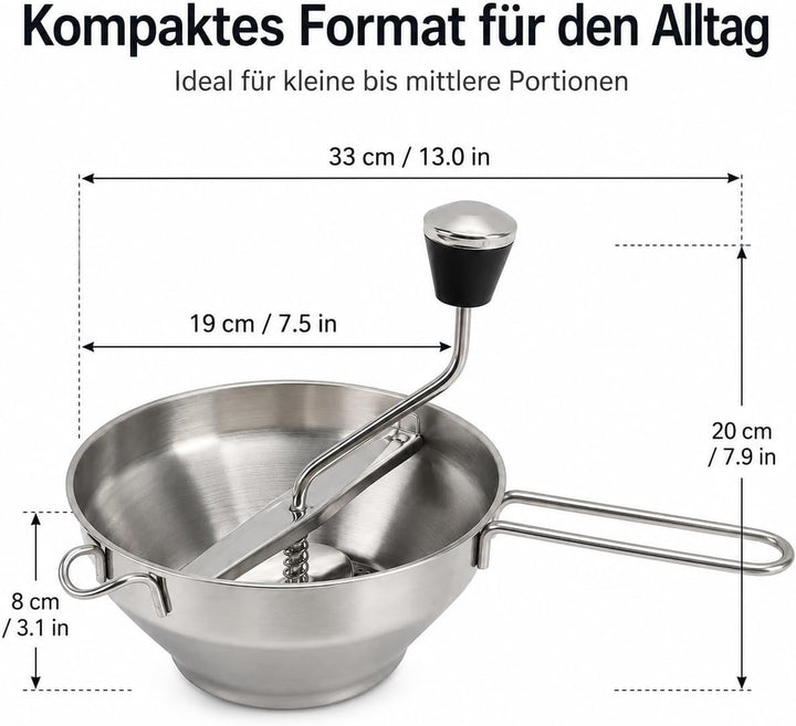Passiergerät aus Edelstahl ergonomisch Anti-Rutsch Drehbar mit 3 Grinding Plates Passiermühle Edelst