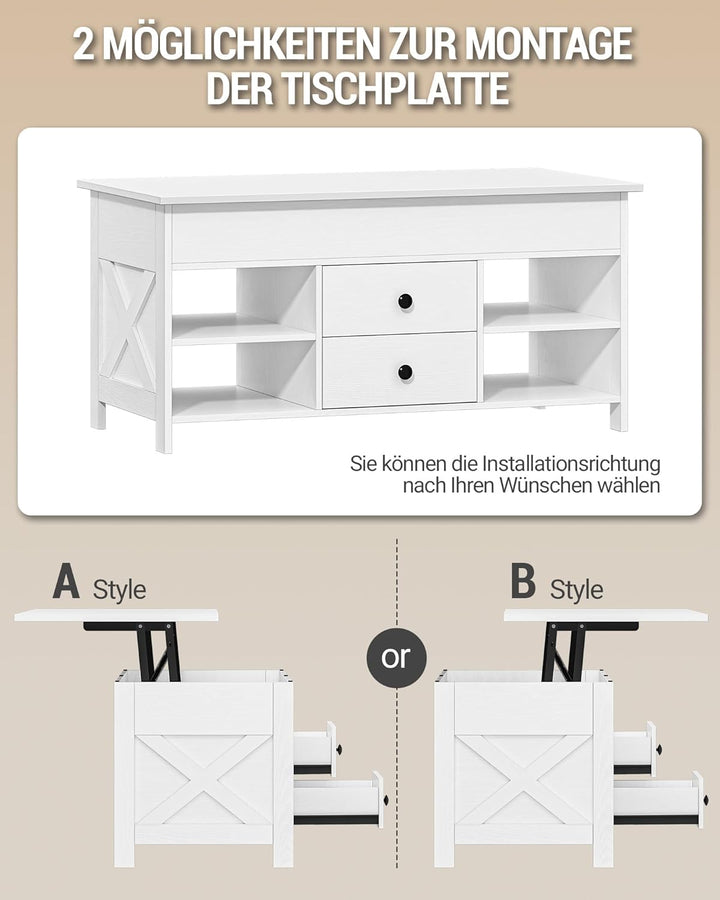 Hzuaneri Couchtisch, höhenverstellbarer Wohnzimmertisch, Sofatisch, 2 Schubladen und Versteckter Sta