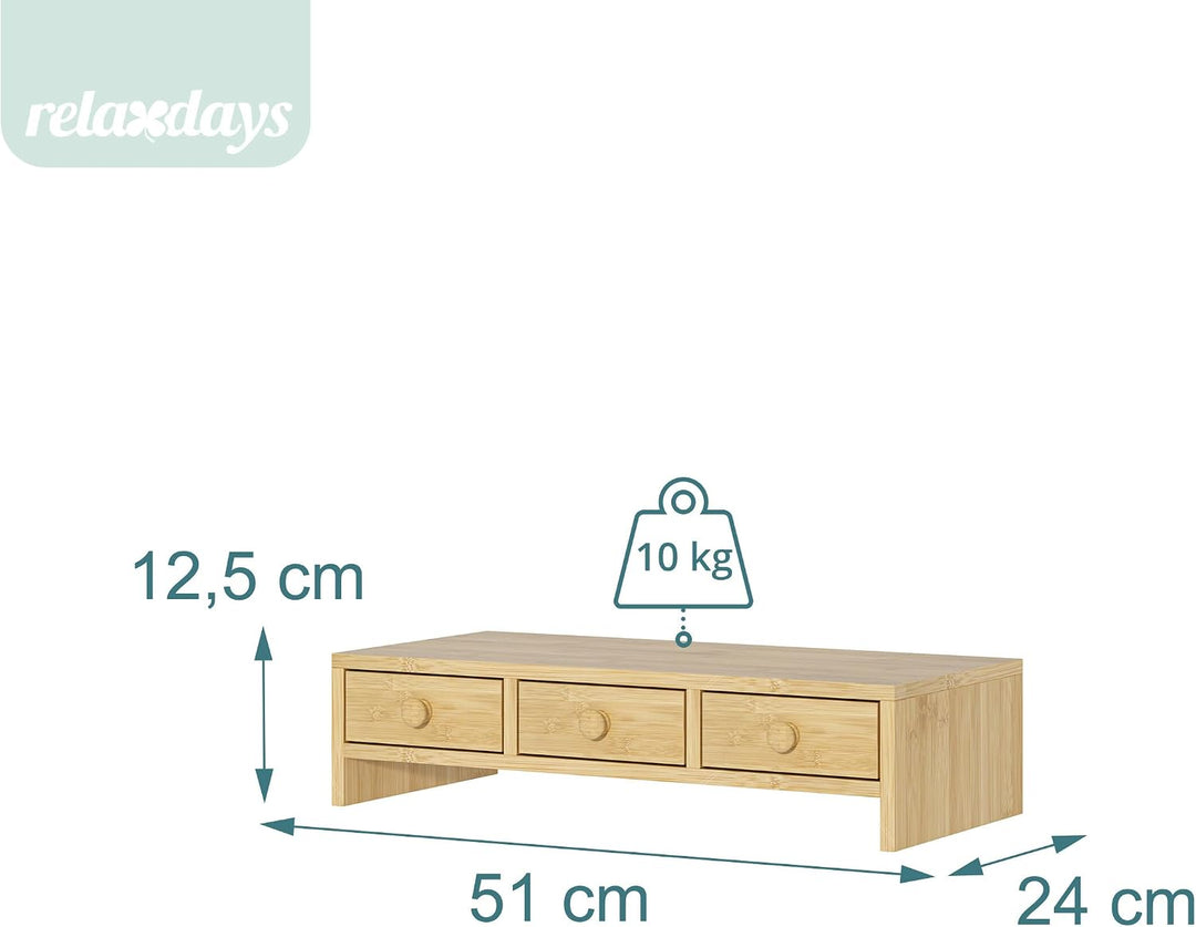Relaxdays Monitorständer, 3 Schubladen, HxBxT: 12,5 x 51 x 24 cm, MDF, Monitorerhöhung Schreibtisch,