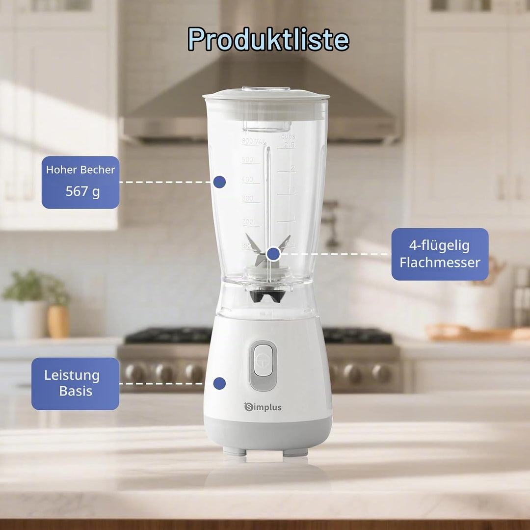 SIMPLUS Standmixer 600 ml Hellgrau, kompakter Smoothie Mixer mit 23000 U/min, 250W Küchenmixer mit 4
