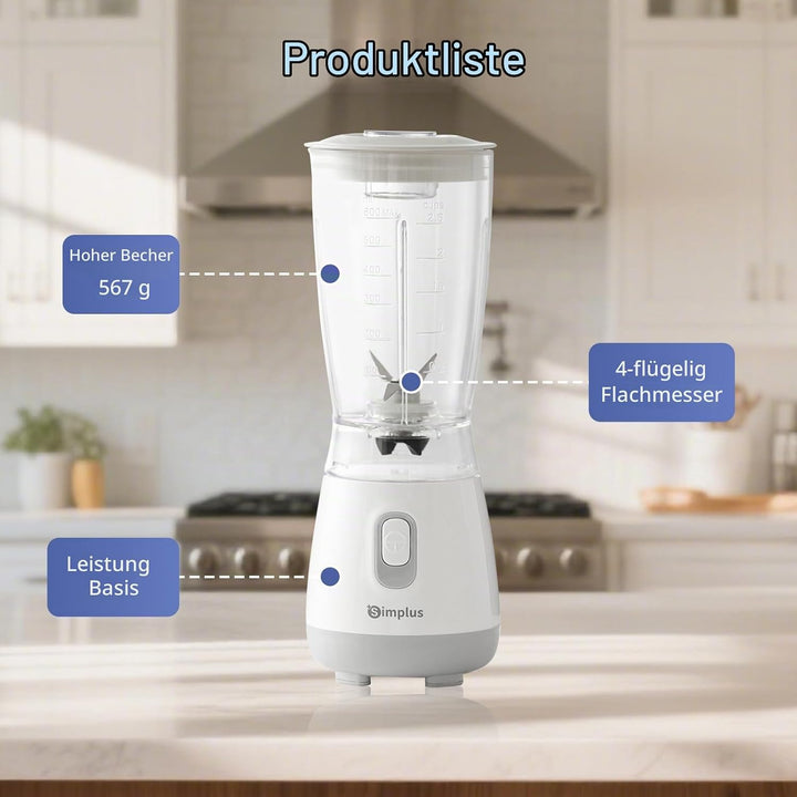 SIMPLUS Standmixer 600 ml Hellgrau, kompakter Smoothie Mixer mit 23000 U/min, 250W Küchenmixer mit 4