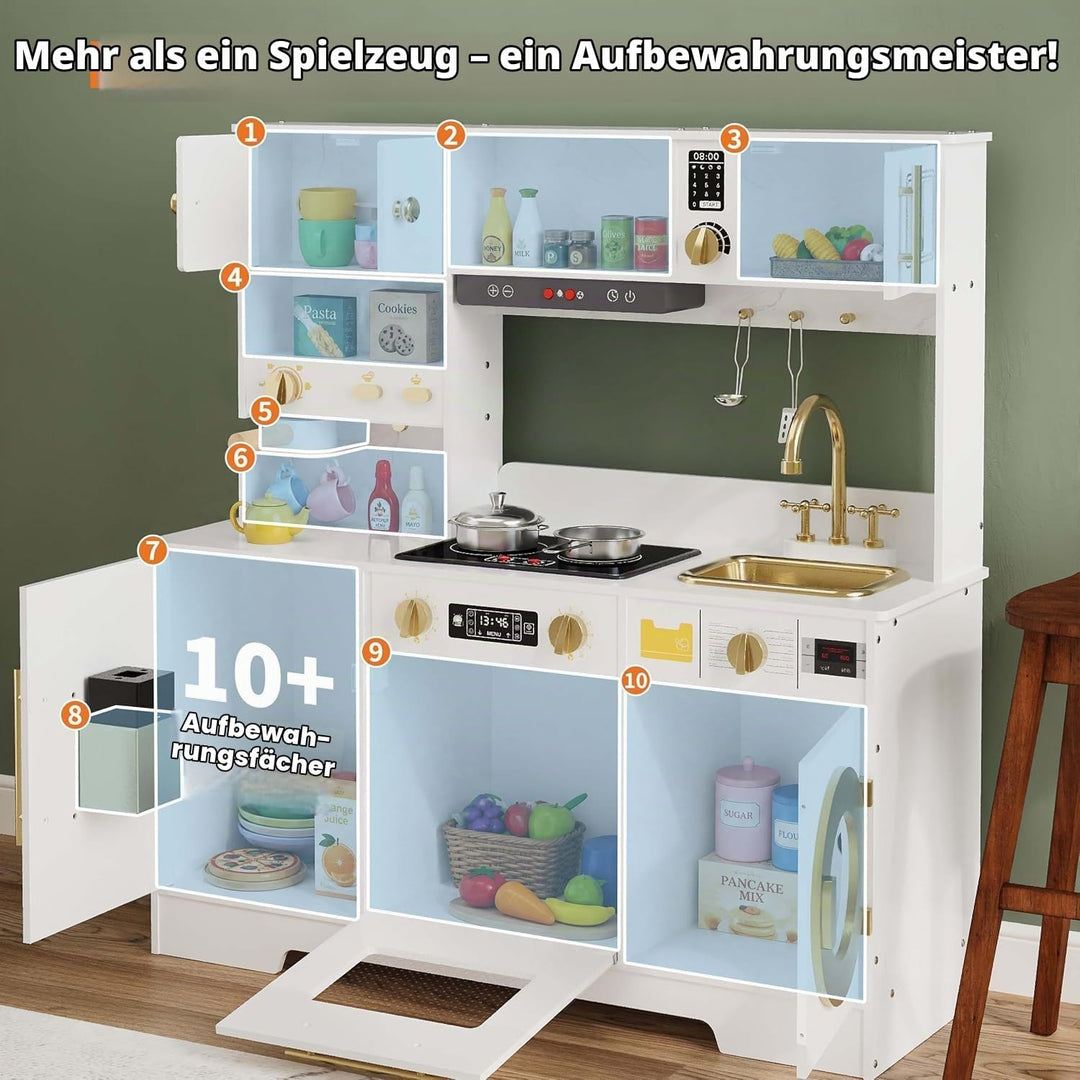 Kinderküche Holz mit Licht, Geräuschen, Herd und Zubehör Weiss, Weiss