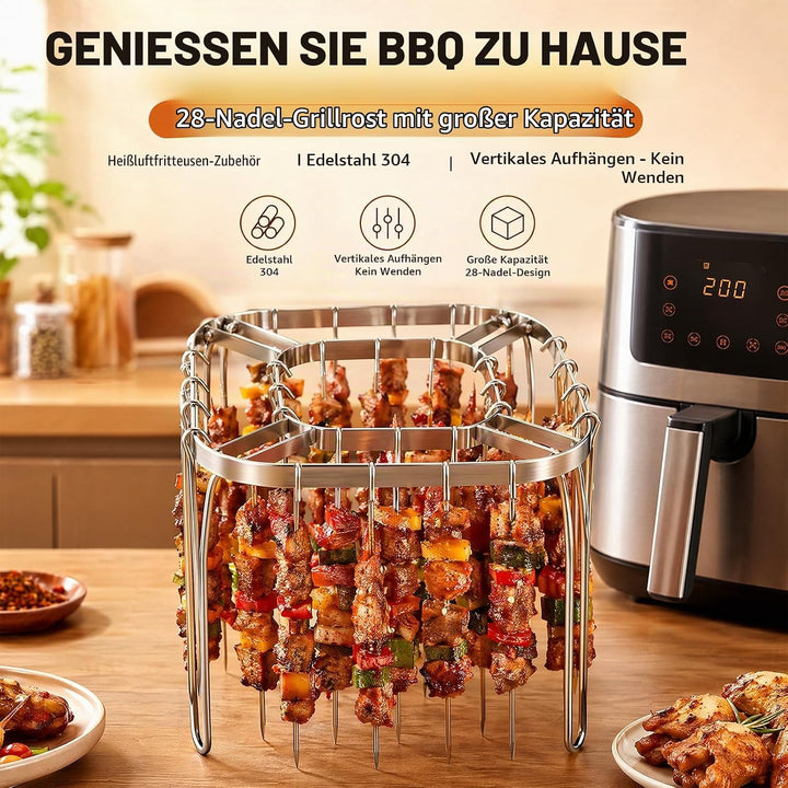 Faltbarer Airfryer Spiesshalter mit 28 Edelstahl Spiessen, Vertikales Heissluftfritteuse Grillrost a