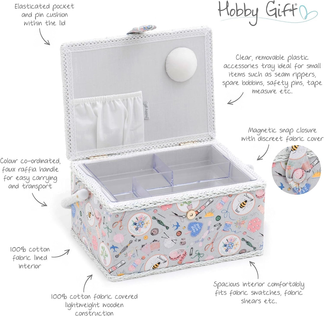 Hobby Gift Nähkästchen Mittel Set mit Griff - Nähkorb aus Baumwolle mit Fächern für Nähzubehör &amp; Wer