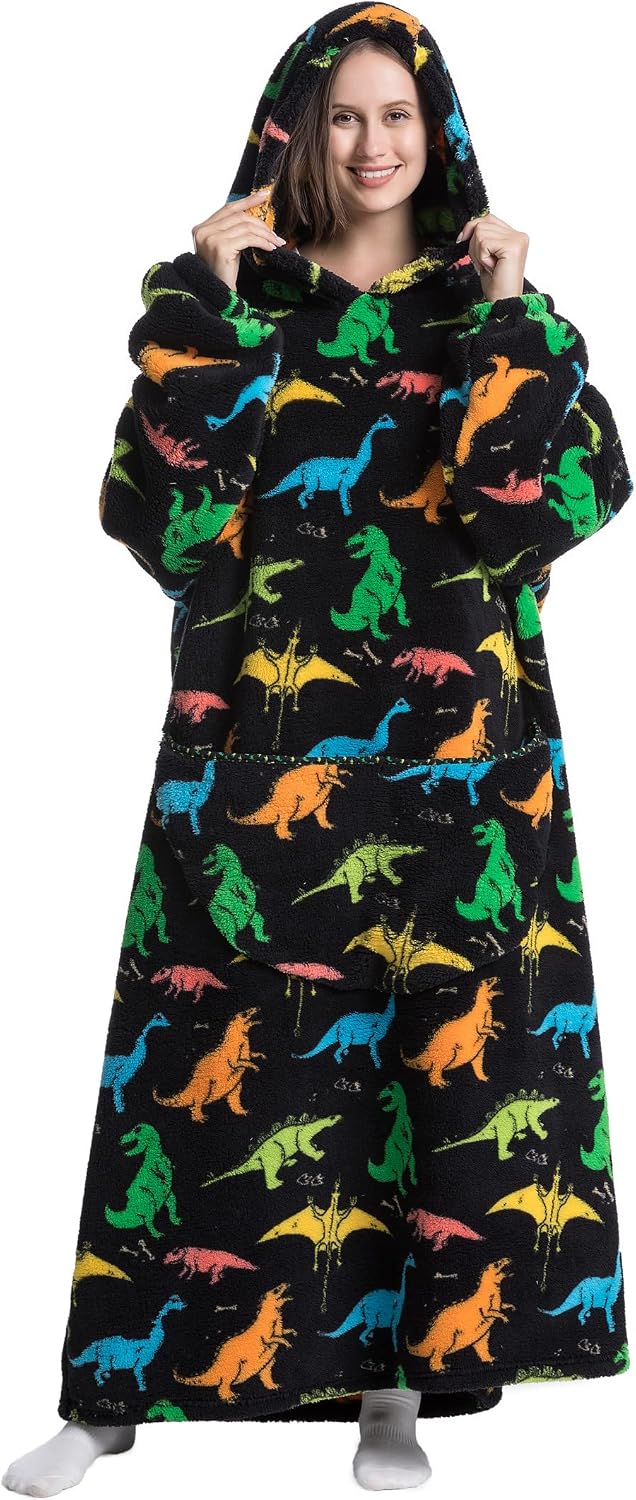 Hoodie Decke Extra Lang mit Kapuze und Tasche für Damen Herren Dinosaurier, Dinosaurier