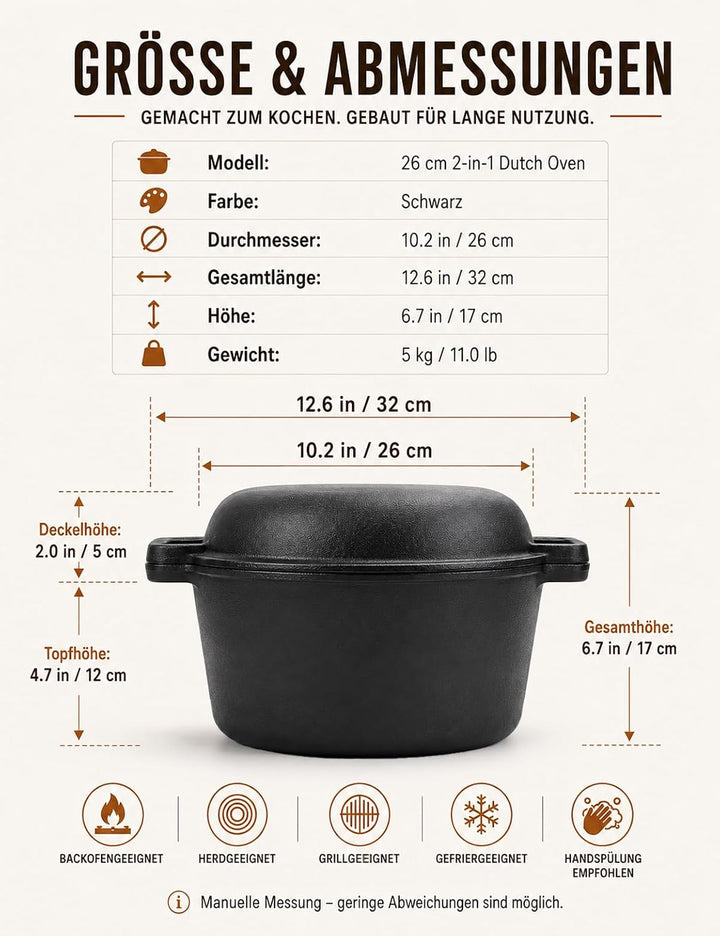 Gusseisen Topf zum Brotbacken, 26 cm, Rund 4,7 L, mit Pfannendeckel