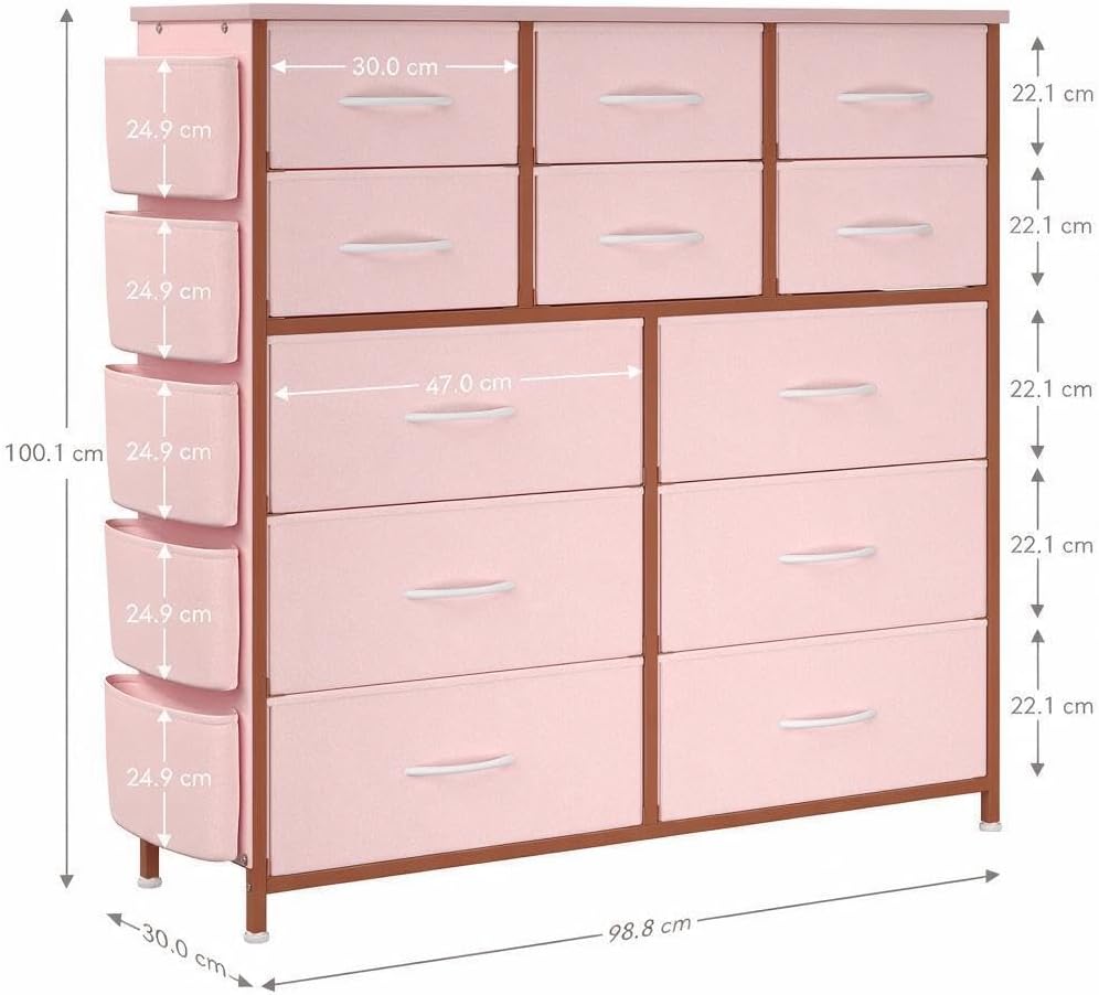 GarveeHome Stoffkommode 99x30x110 cm Metall MDF 12 Schubladen Pink Rosa, Rosa