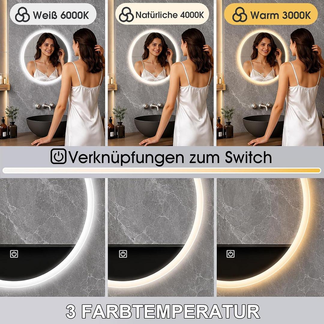 Badspiegel mit Beleuchtung, LED Badezimmer Spiegel Rund 50cm, Dimmbar, 3 Lichtfarben, Touch-Schalter