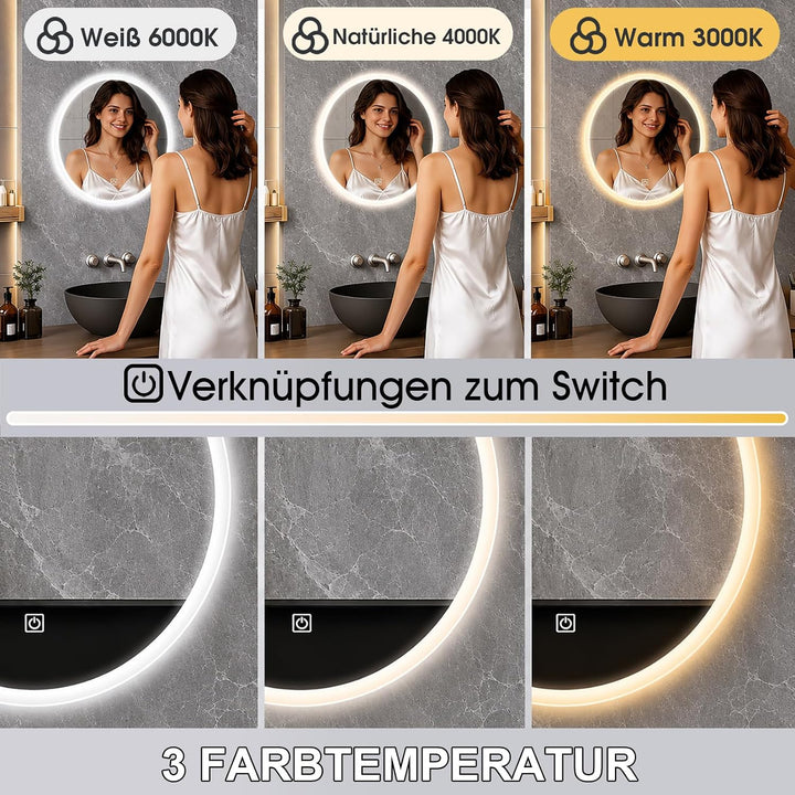 Badspiegel mit Beleuchtung, LED Badezimmer Spiegel Rund 50cm, Dimmbar, 3 Lichtfarben, Touch-Schalter