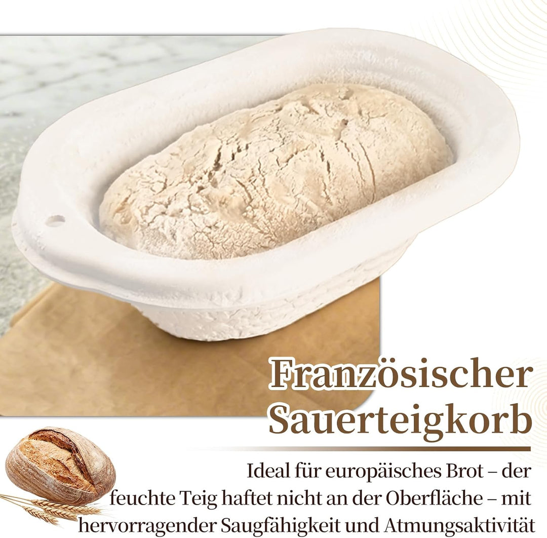 6er-Set Ovaler Gärkorb aus Zellstoff 23 x 14 cm mit 6 Leinen-Einlegern – Sauerteig-Brotbackform für