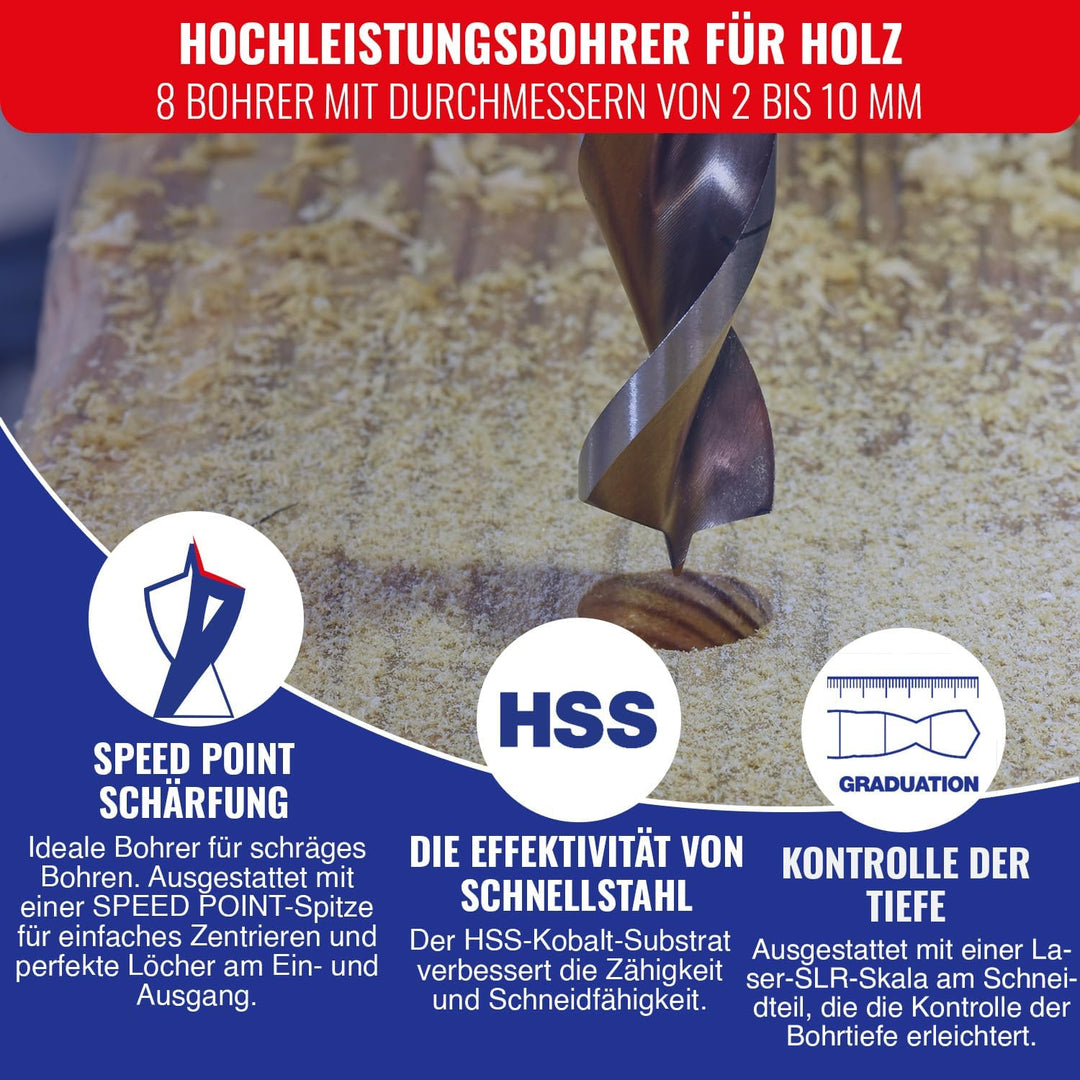 Tivoly 10864070001 Technic Holzbohrern Set, 8pcs Ø2, 3, 4, 5, 6, 7, 8, 10mm