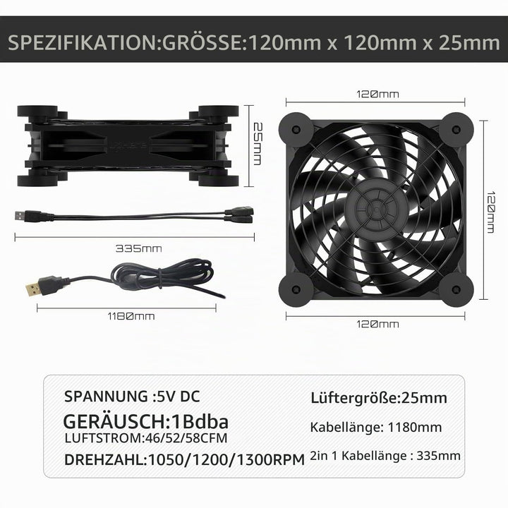 120mm USB PC-Lüfter,5V Gehäuselüfter mit Netzstecker &amp; Stufenlosem Regler Minimalistisch Leise Prakt