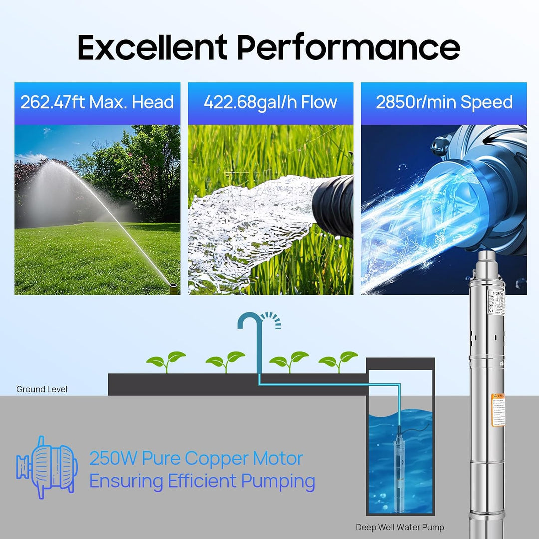Tauchpumpe 250W, 3 Zoll, V2A Edelstahl, Für Brunnen &amp; Bewässerung