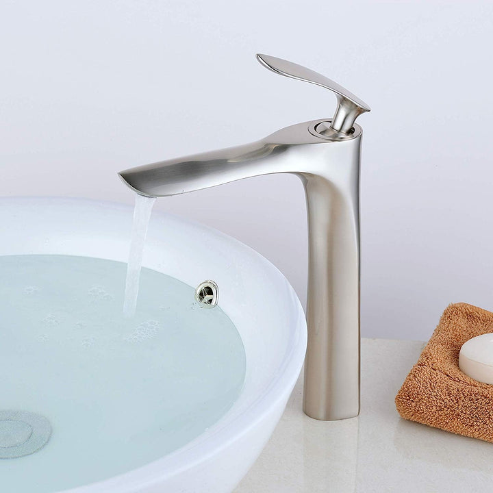 Wasserhahn Bad Nickel,Aufsatzwaschbecken Armatur Messing,Modern Bad Wasserhahn Hoch,1 Loch Chrom Sin