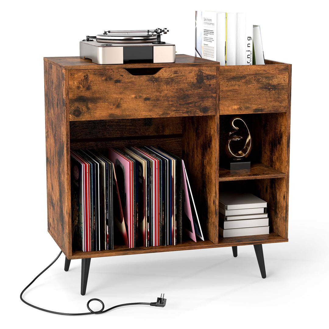 COSTWAY Plattenspielerständer mit 2 Steckdose &amp; USB &amp; Typ C, Schallplattenschrank mit Schublade &amp; of