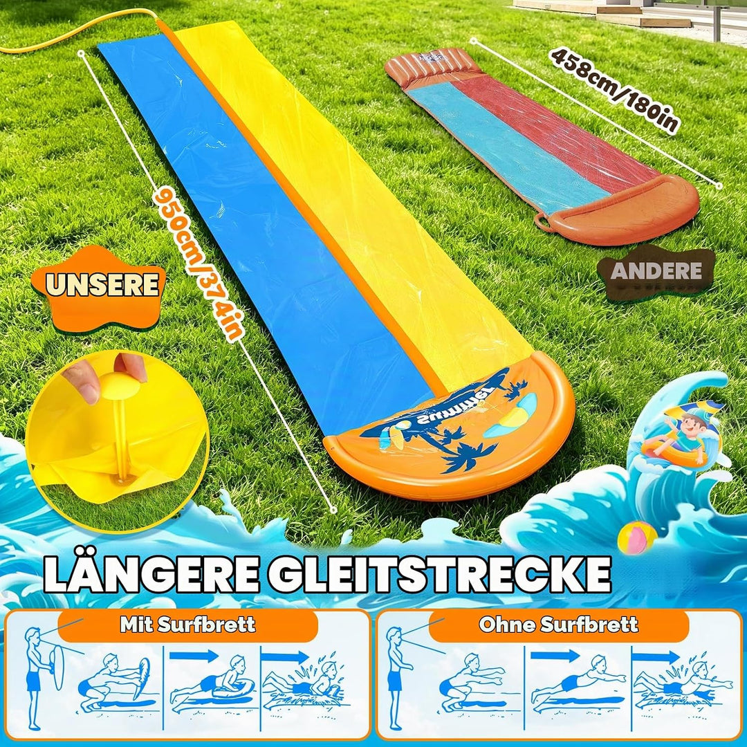 JONRRYIN 950cm Wasserrutsche, Extra Lange Doppel Garten Wasserrutsche mit 2 Aufblasbare Boards 1.55m