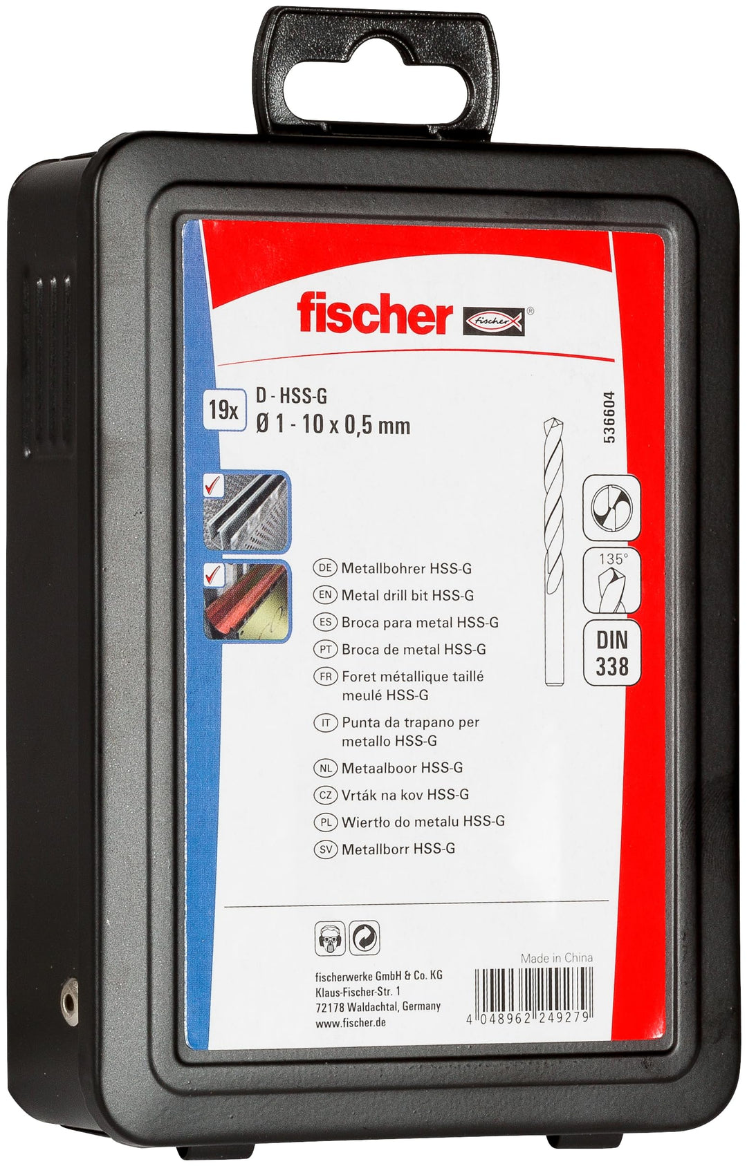 fischer Metallbohrer Set, 1 - 10 mm Durchmesser, Aufsätze für Bohrmaschinen, Bohrerset mit verschied