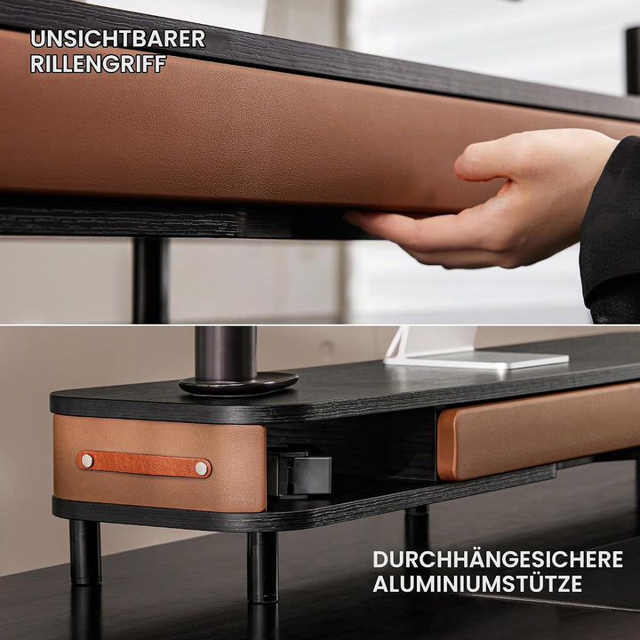 Fenge Dual Monitorständer mit Schublade, 108cm Bildschirmerhöhung mit Aluminiumbeinen &amp; Ledergriff,