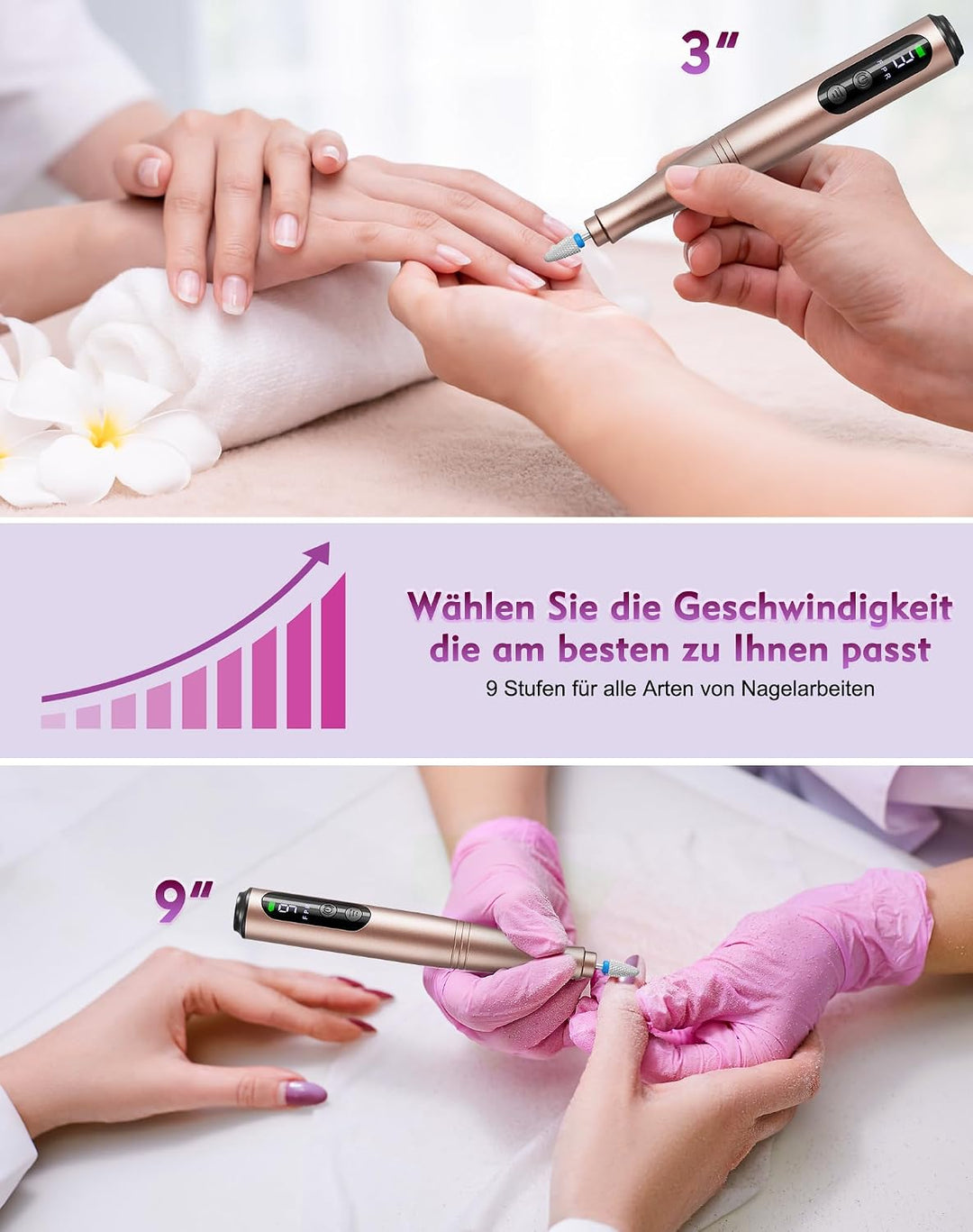 Nagelfräser Set Elektrisch mit LCD Display für Gelnägel, Acrylnägel Gold, Gold