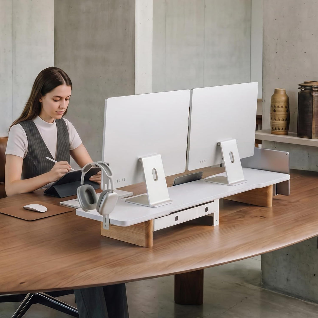Fenge Dual Monitorständer mit 2 Herausnehmbaren Schubladen,Weiss, Weiss