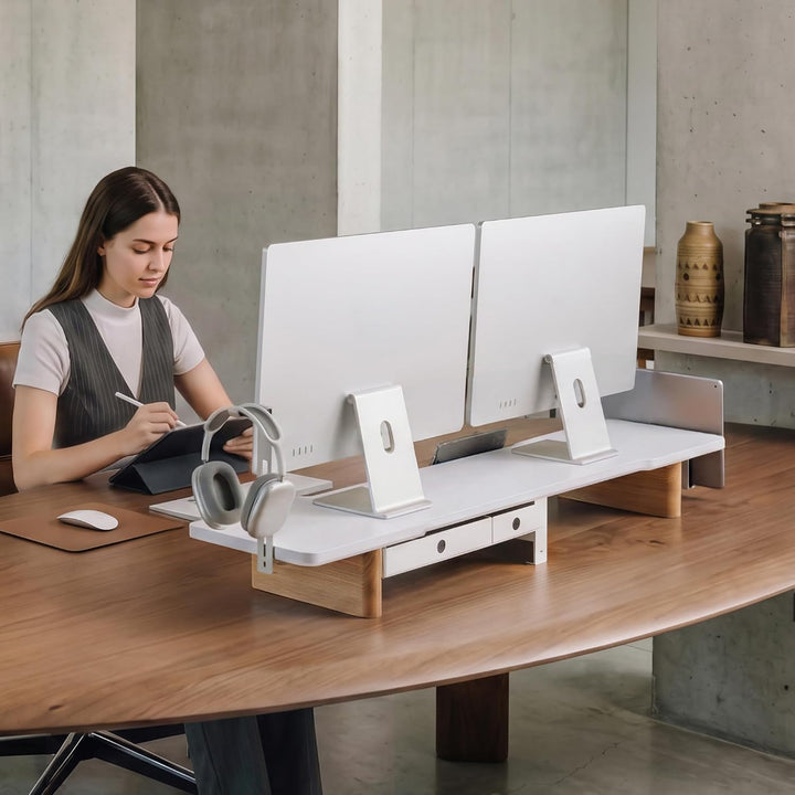 Fenge Dual Monitorständer mit 2 Herausnehmbaren Schubladen,Weiss, Weiss