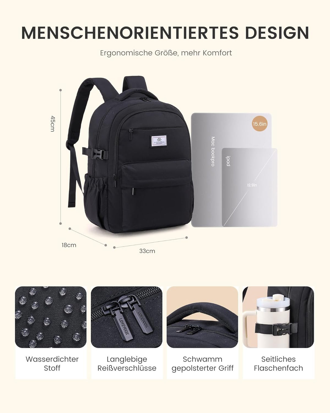 LOVEVOOK Schulrucksack Mädchen Teenager 15,6 Zoll Laptop Rucksack Damen M Schwarz, M Schwarz