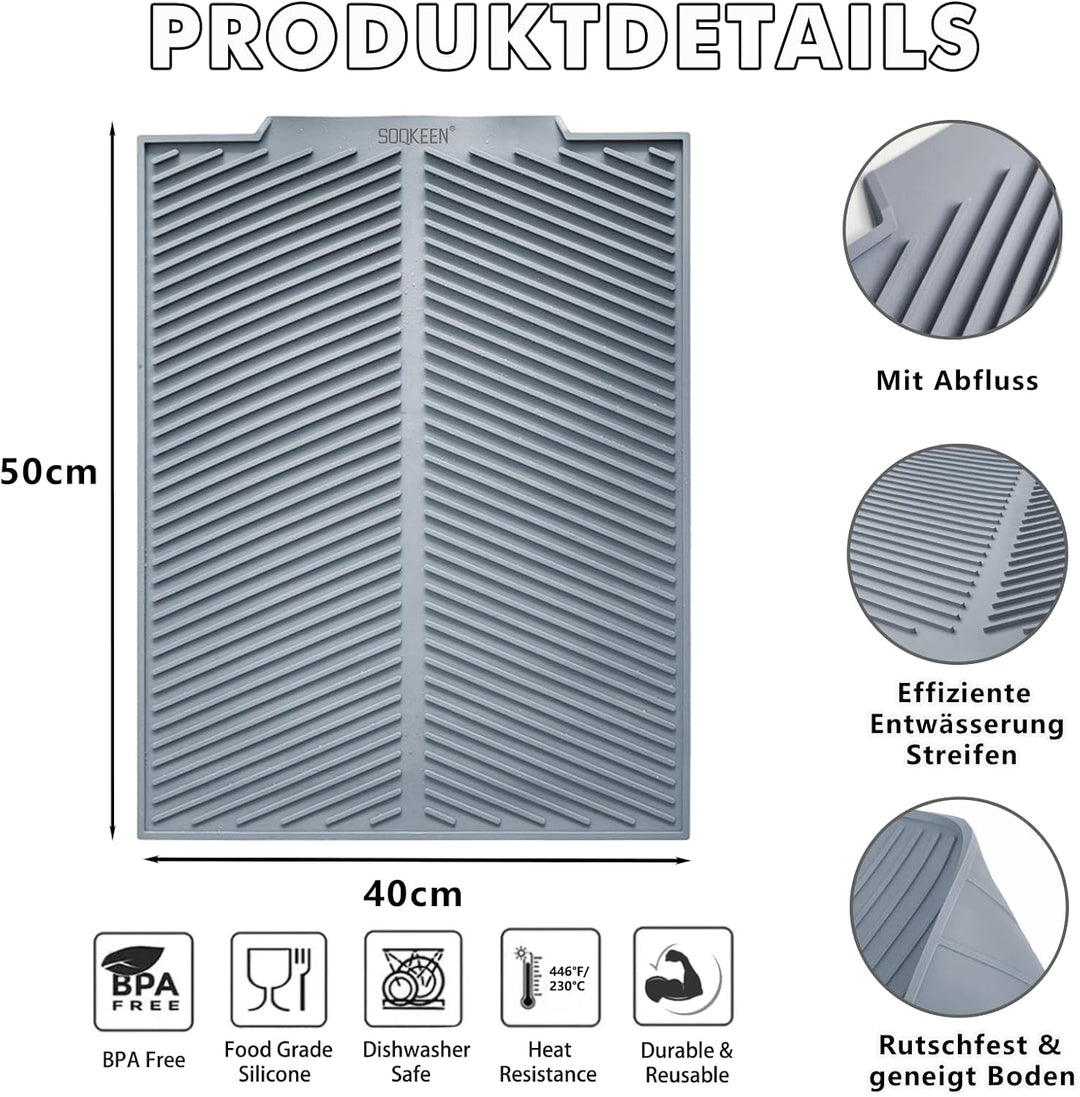 Abtropfmatte Geschirr Silikon 50 x 40 cm, Wasserablauf, Hellgrau Hellgrau 50D x 40W cm, Hellgrau 50D