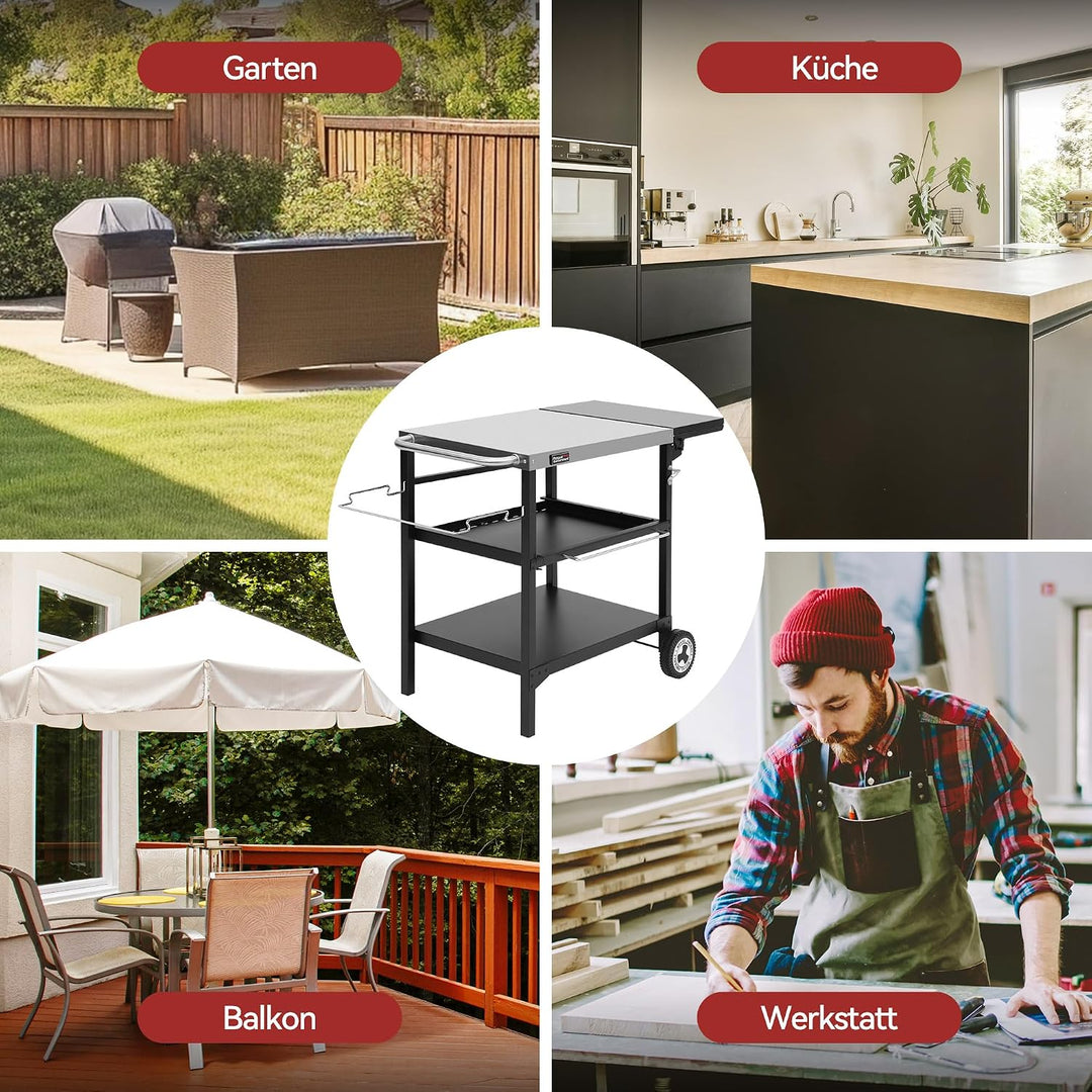 Royal Gourmet Outdoor Grilltisch, 3-Etagen Servierwagen mit 70 x 50 cm Edelstahl Tischplatte und 30