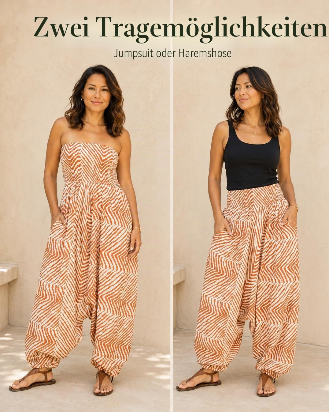 likemary Jumpsuit Damen Sommer &amp; Bedruckter Baumwoll Haremshose mit Taschen – 2-in-1 Trägerloser Ein