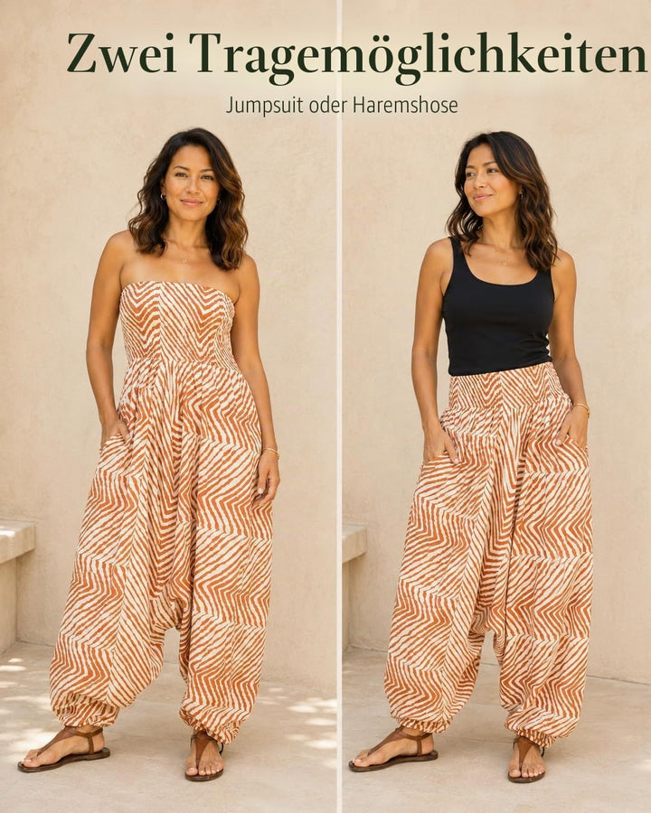 likemary Jumpsuit Damen Sommer &amp; Bedruckter Baumwoll Haremshose mit Taschen – 2-in-1 Trägerloser Ein