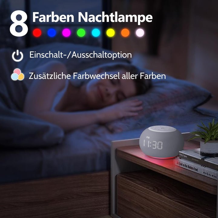 REACHER Auto-Dimmable Sound Machine Wecker mit Nachtlicht, 20 beruhigende Klänge, LED-Digitalanzeige