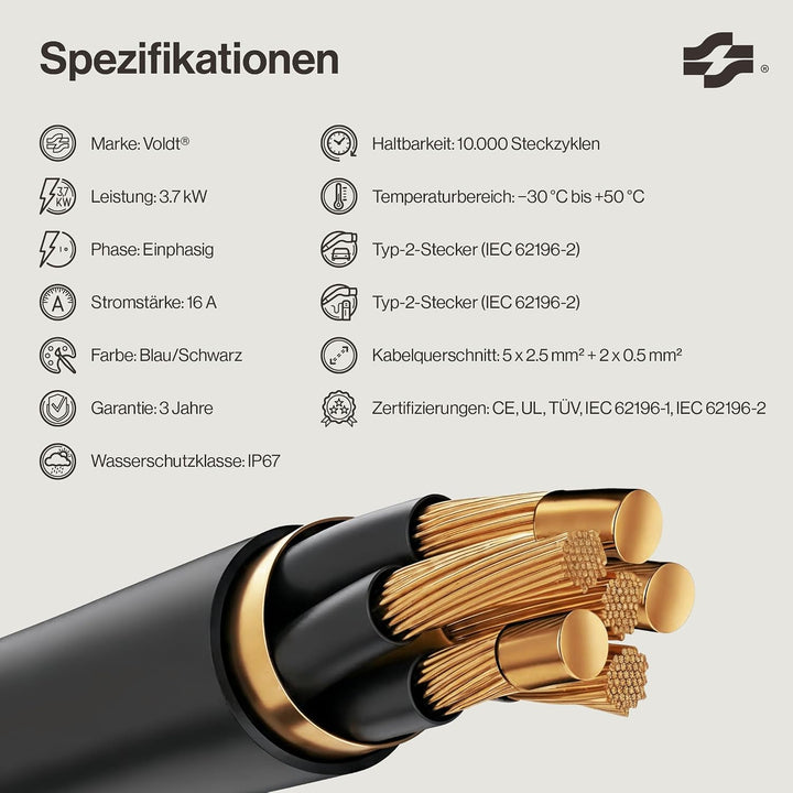 VOLDT Typ 2 Ladekabel Schuko 3,7 kW, 1-phasig, 8A - 16A, verstellbare EV-Ladegerät mit steuerbarer D