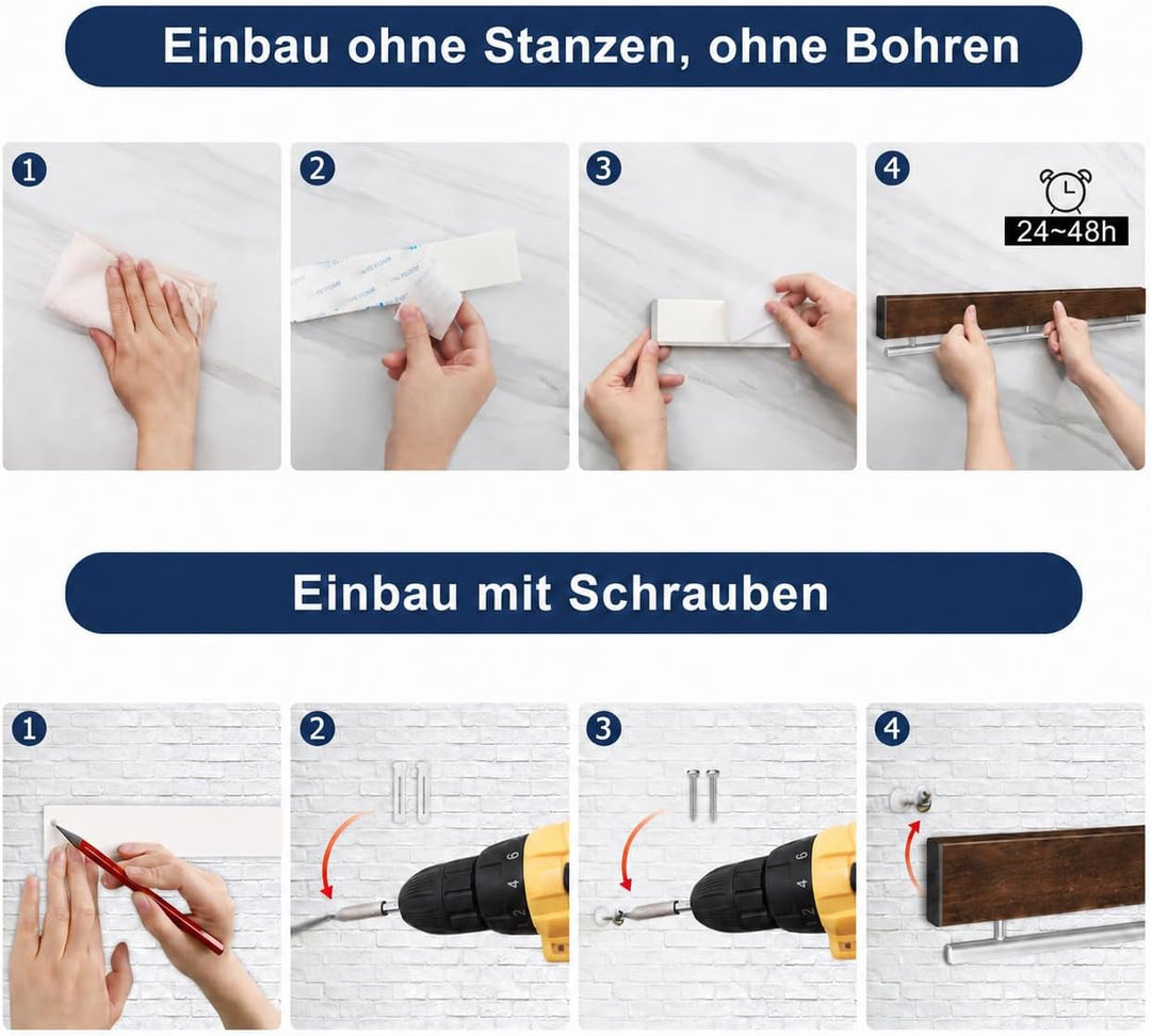 Dmore Magnetleiste Messer mit 5 Haken, 30 cm Messerhalter magnetisch aus Edelstahl, Walnuss-Optik Ma